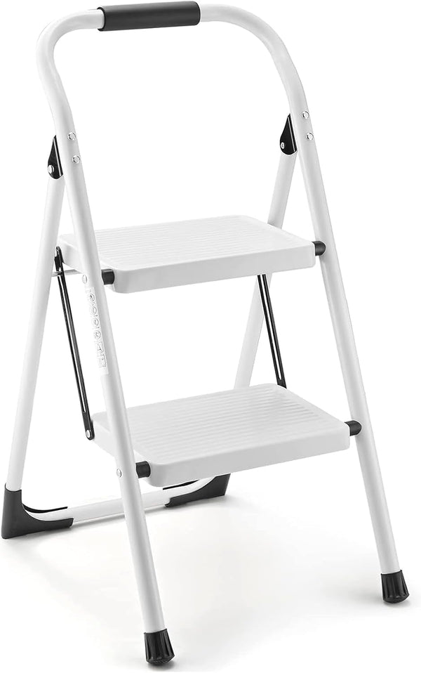 Chariso 2-Step white folding stool combines a sturdy steel frame, stated 330-lb load capacity