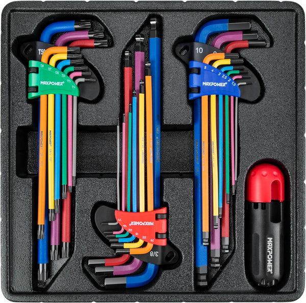 Chariso Color marking and extra-long keys make the 27-piece SAE, metric, and Torx assortment